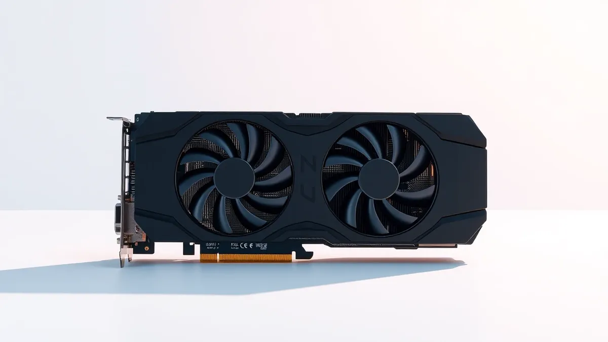 Illustration: A sleek black graphics card rests on a clean white surface.