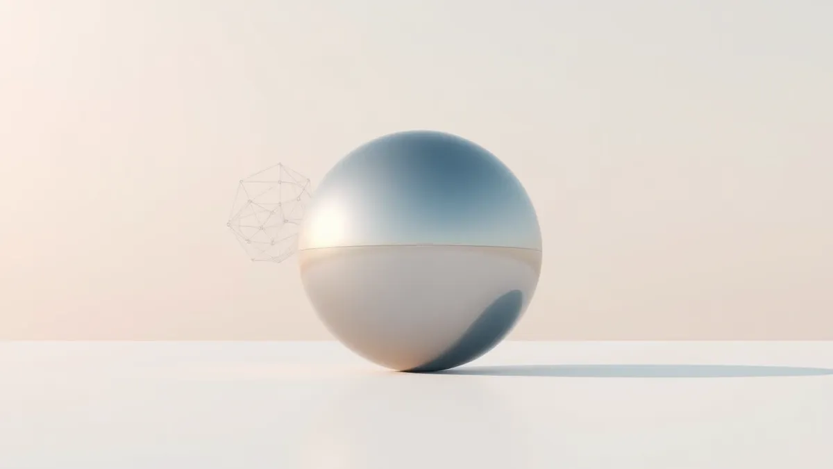 Illustration: A sleek chrome sphere sits centered on a minimalist white surface.