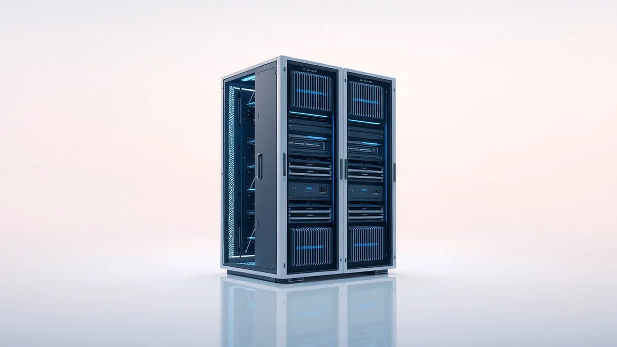 Illustration: A sleek, minimalist server rack stands in a sterile white room, its internal components glowing with soft blue light to represent specialized AI processing power.