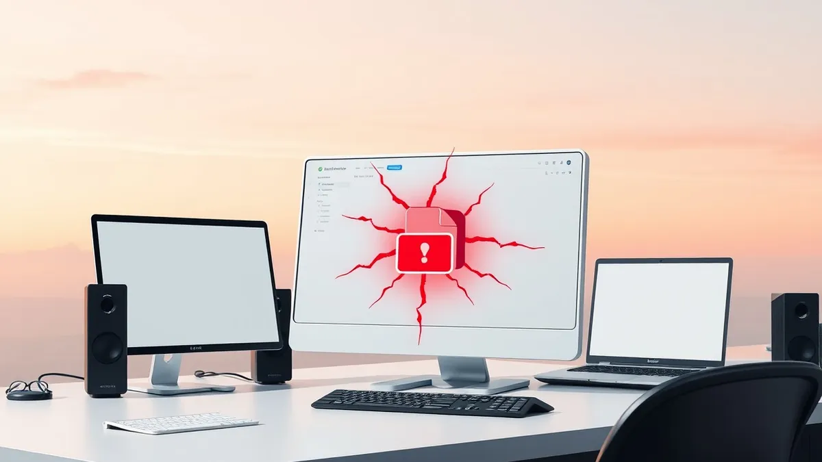 Illustration: A white server management interface sits on a desk, its central file merge icon glowing red with jagged cracks radiating outward, symbolizing a critical remote comman