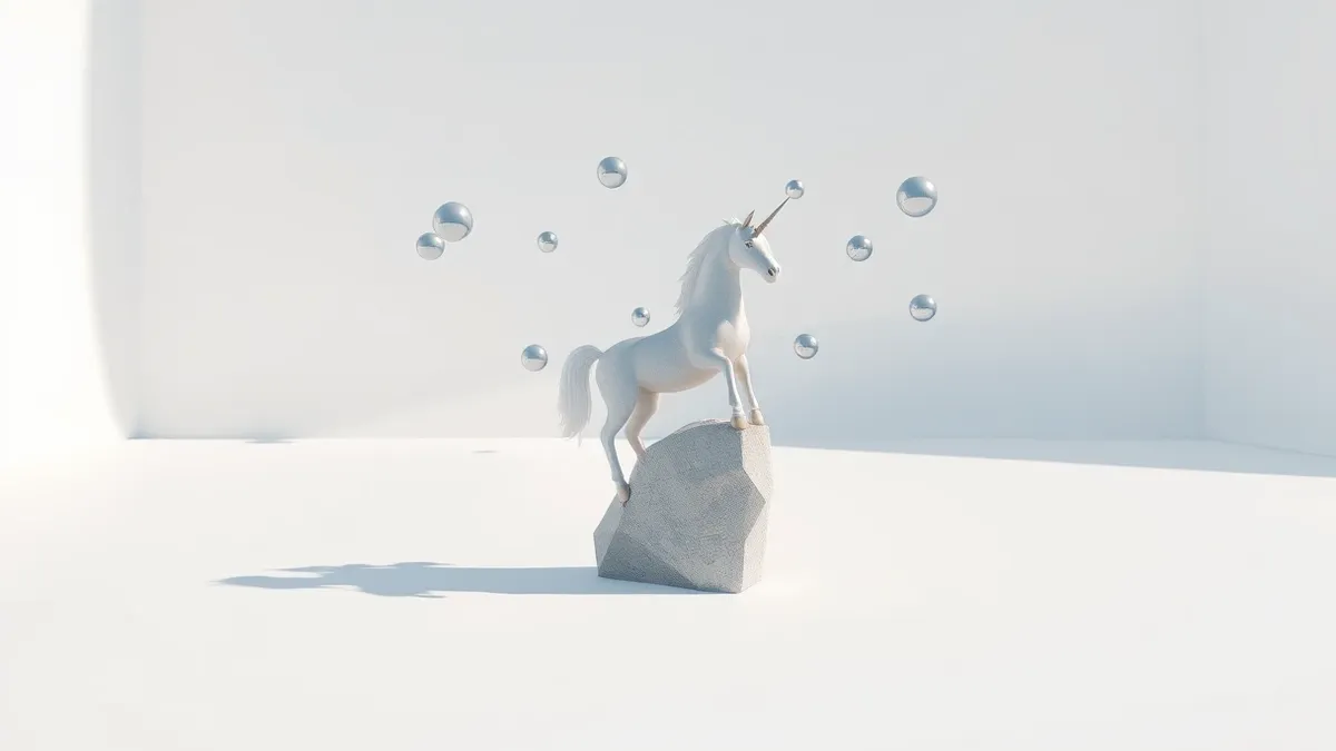 Illustration: A polished stone marker shaped like a unicorn stands in a clean white room, casting a long geometric shadow.