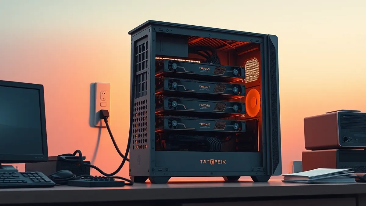 Illustration: A dusty desktop computer case sits open on a cluttered desk, revealing nine graphics cards stacked vertically like a dense comb.