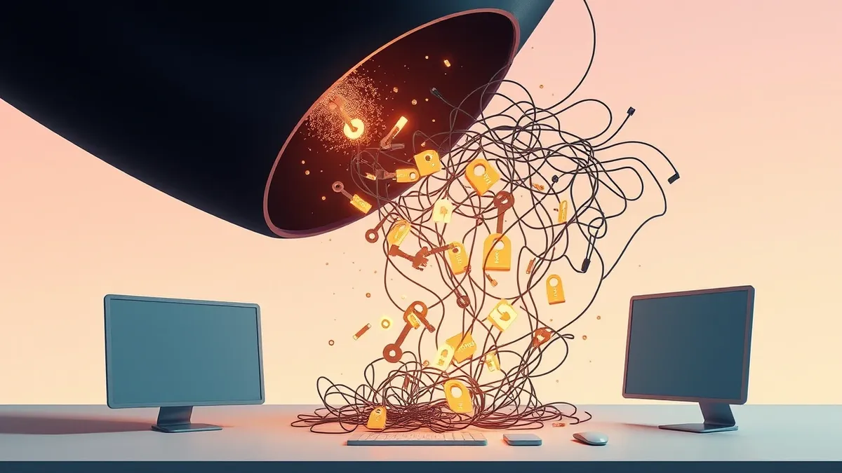 Illustration: A dark, abstract funnel sucks glowing fragments from a blank digital workspace, pulling them into a tangled web of exposed access tokens.