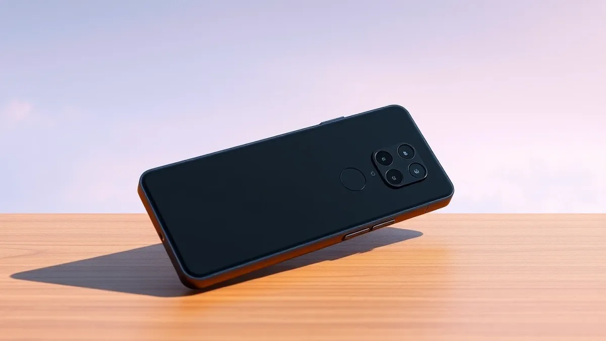 Illustration: A sleek black smartphone rests on a polished wooden surface, its glossy back reflecting soft overhead light.