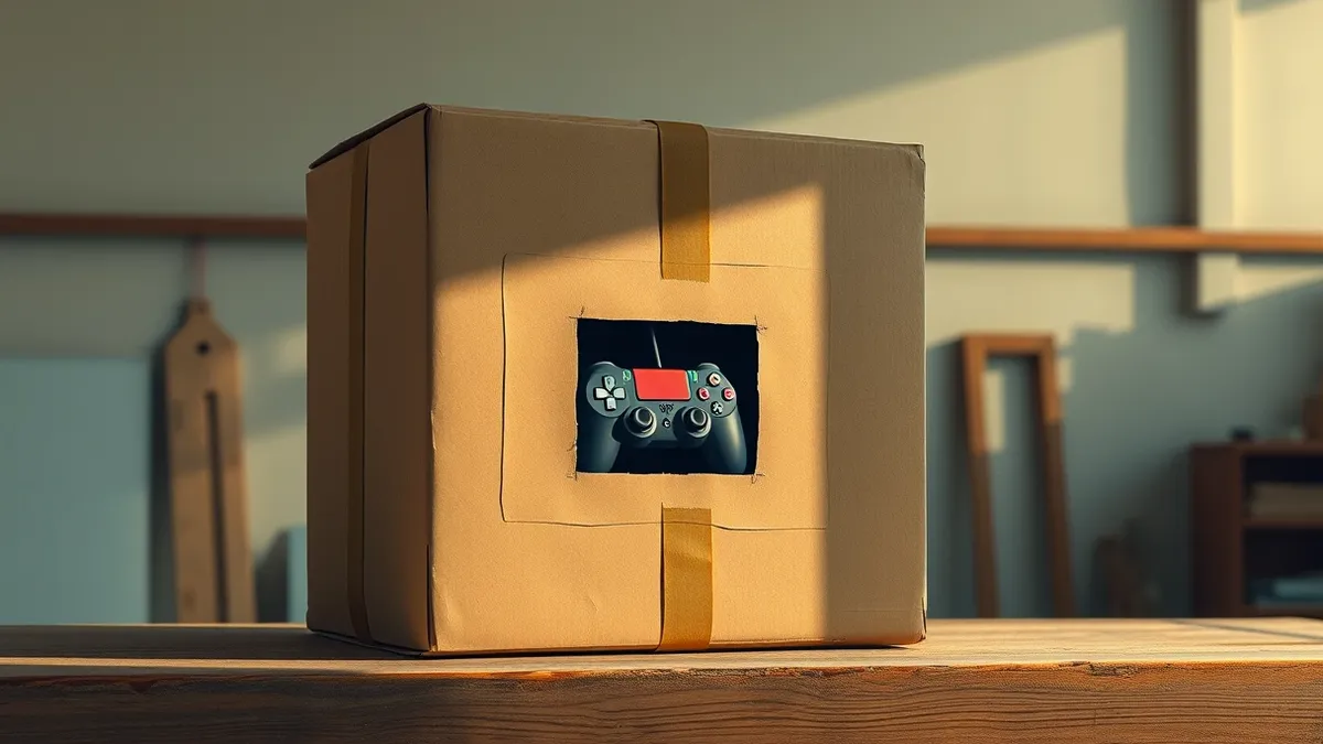 Illustration: A dusty cardboard box sits on a wooden workbench, tightly wrapped in brown packing tape.