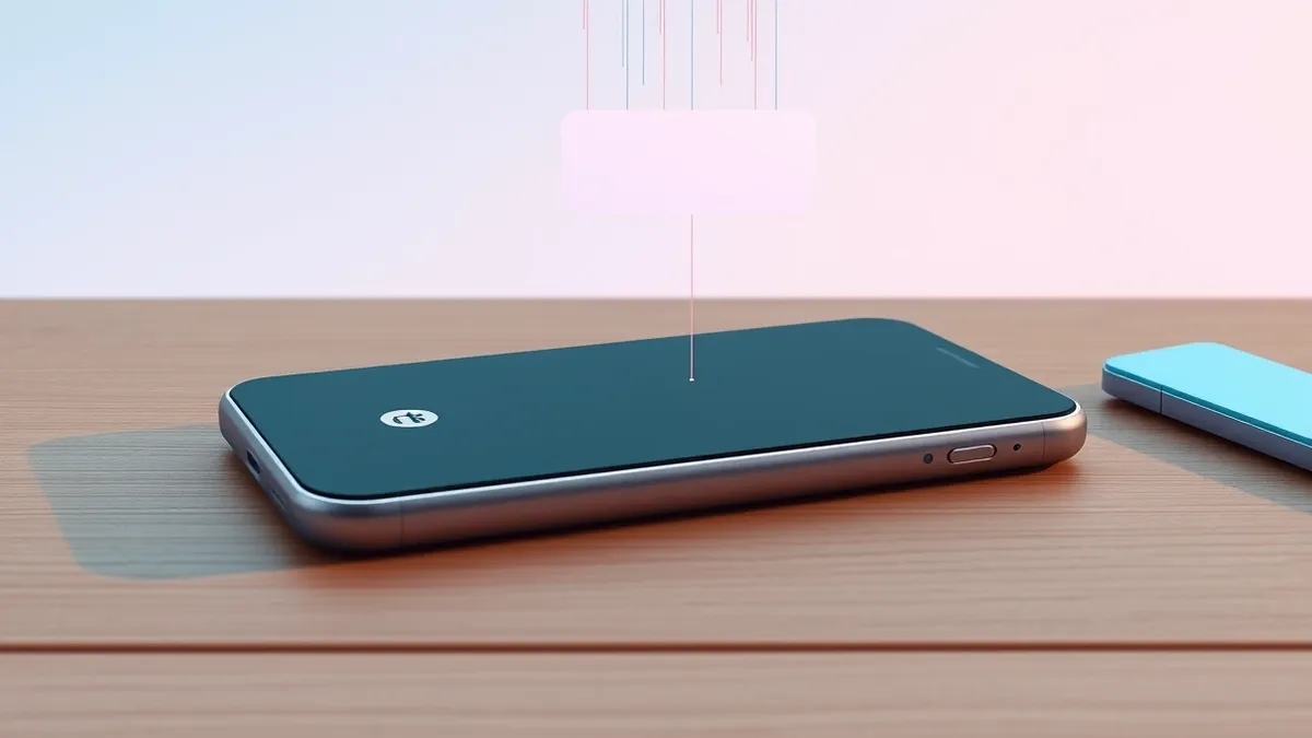 Illustration: A sleek smartphone rests on a wooden desk, its screen displaying a blank chat interface connected to a generic banking app icon.