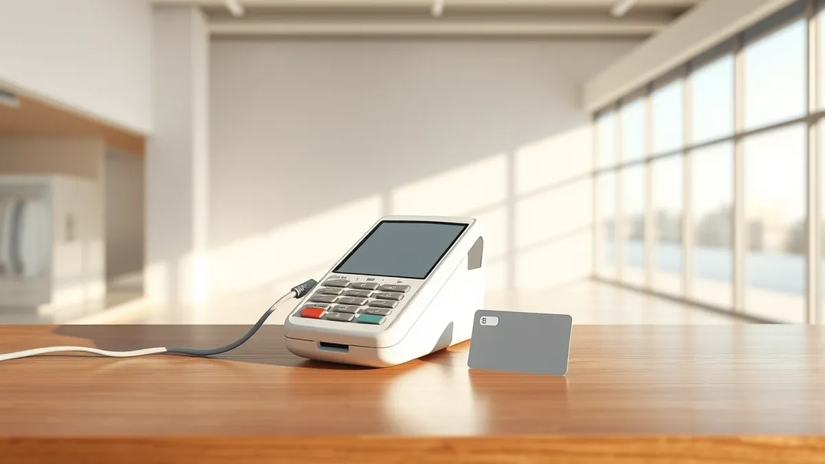 Illustration: A sleek white payment terminal sits on a polished wooden counter, connected to a thin cable.