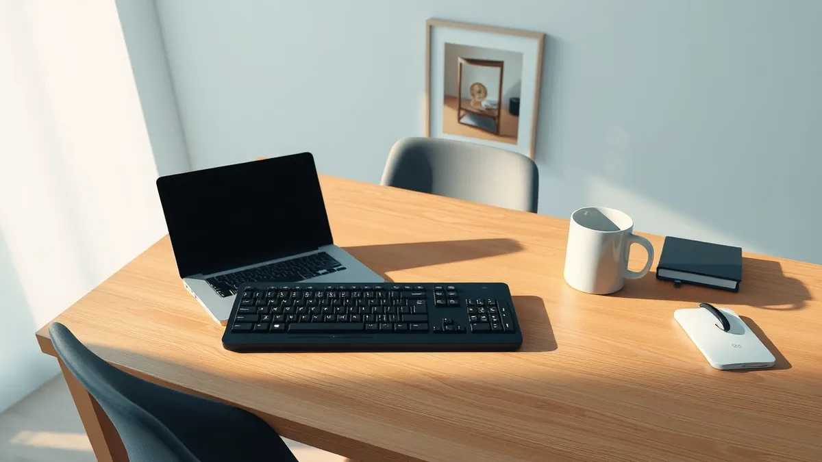 Illustration: A sleek black keyboard sits on a polished wooden desk beside a closed laptop and a steaming ceramic mug.