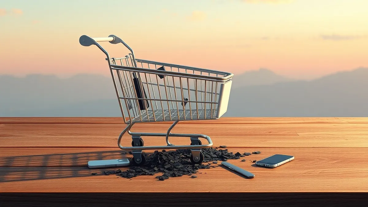 Illustration: A solitary white e-commerce shopping cart sits on a wooden table, its metal structure visibly cracking apart.