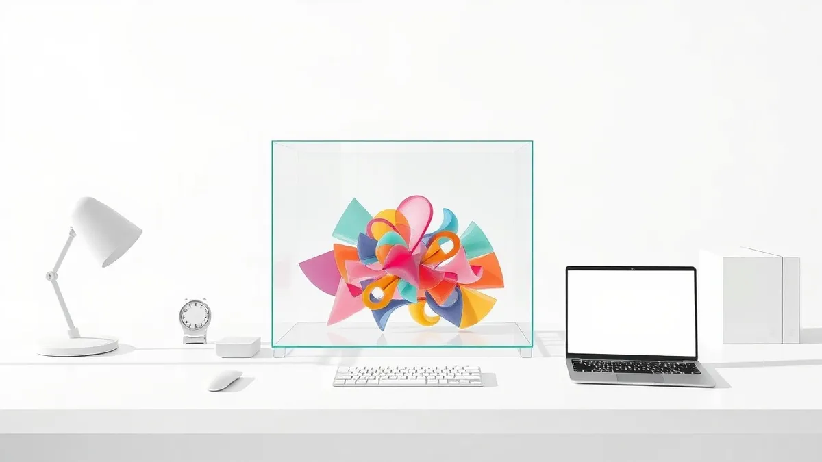 Illustration: A translucent glass box sits on a clean white desk, trapping a swirling mass of colorful abstract shapes inside.