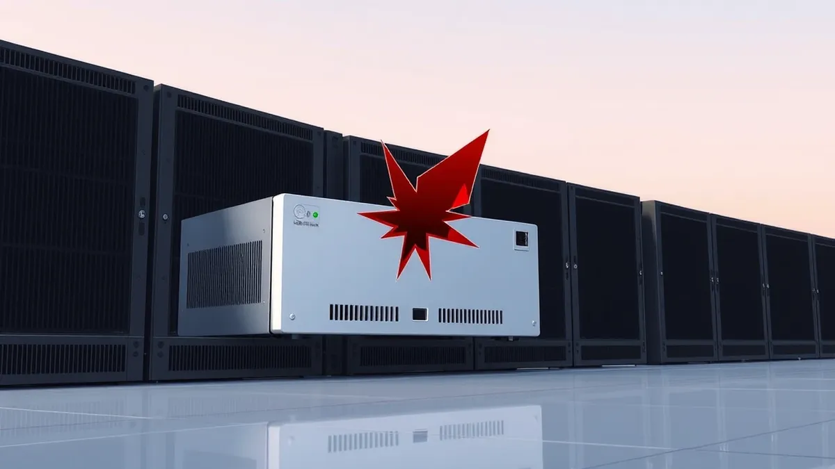Illustration: A sleek, silver network appliance sits on a dark server shelf, its front panel featuring blank status lights and ventilation slots.