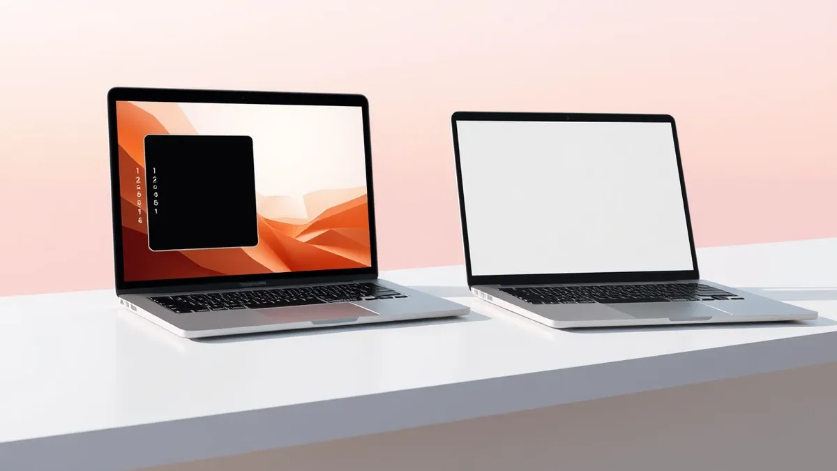 Illustration: A sleek black rectangular accelerator chip sits on a clean white desk beside a silver laptop.