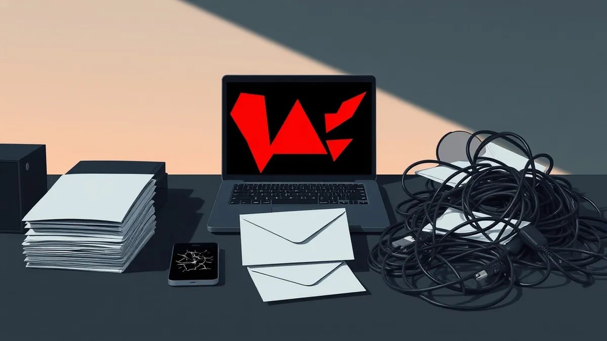 Illustration: A dark, cluttered desk holds a single open laptop displaying abstract red warning shapes on a black screen.