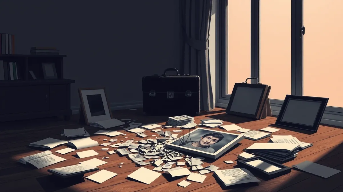 Illustration: A darkened home interior shows a shattered family photograph on the floor, surrounded by scattered personal letters and broken picture frames.