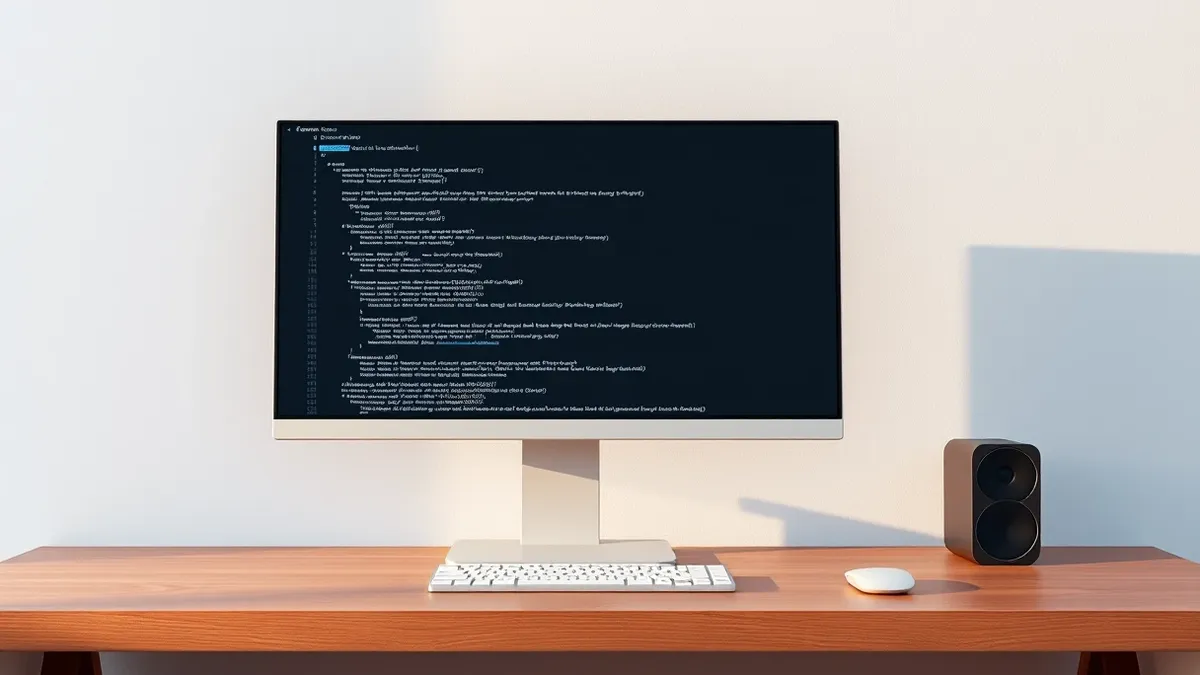 Illustration: A sleek white computer monitor sits on a clean wooden desk, displaying lines of code on a dark background.