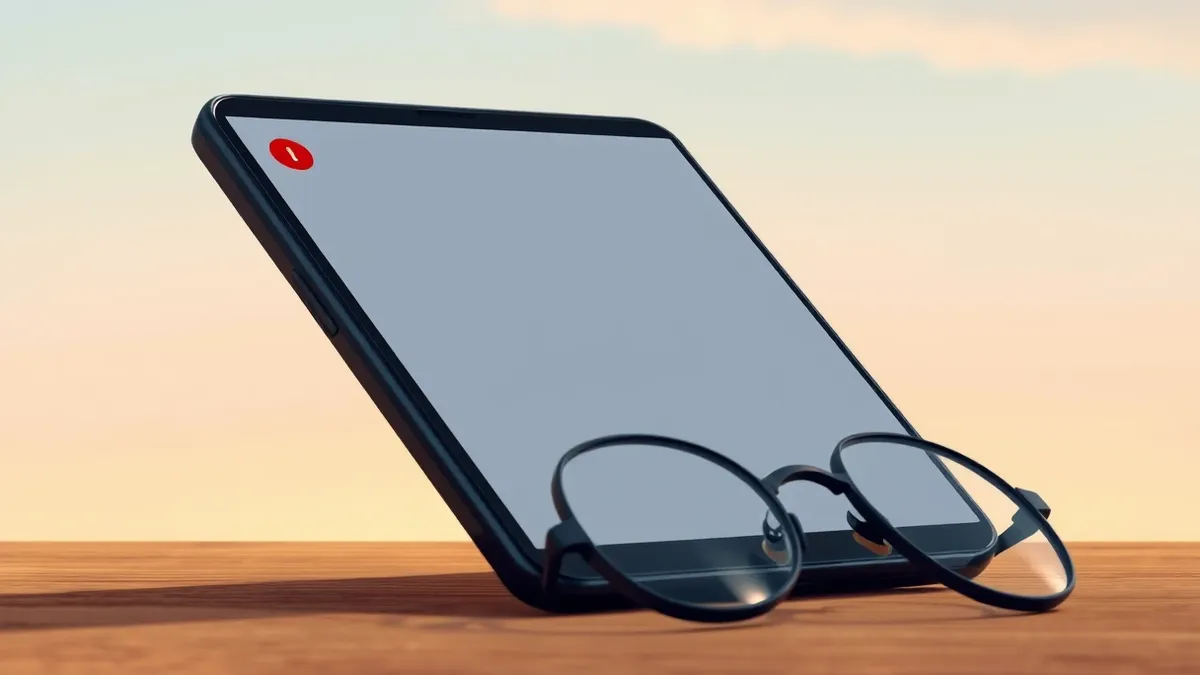 Illustration: A black smartphone rests on a wooden table with its screen displaying a blank video interface.