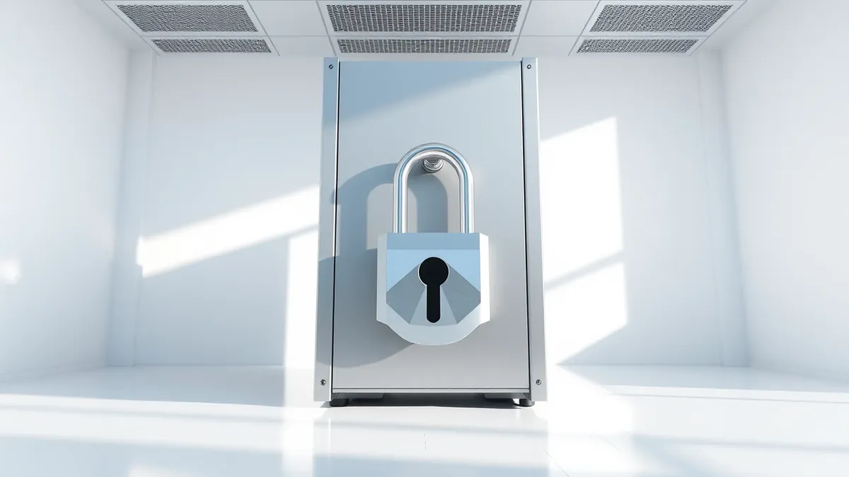 Illustration: A sleek metallic server rack sits in a clean white room.