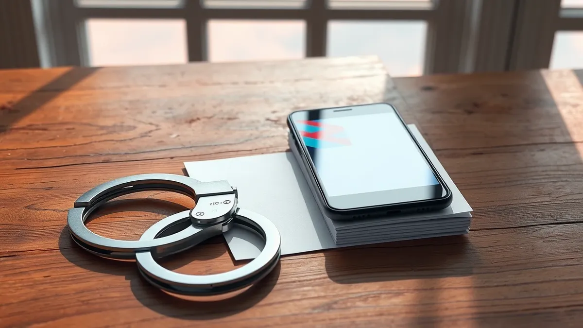 Illustration: A pair of metal handcuffs rests on a worn wooden table next to a black smartphone and a small stack of blank paper.