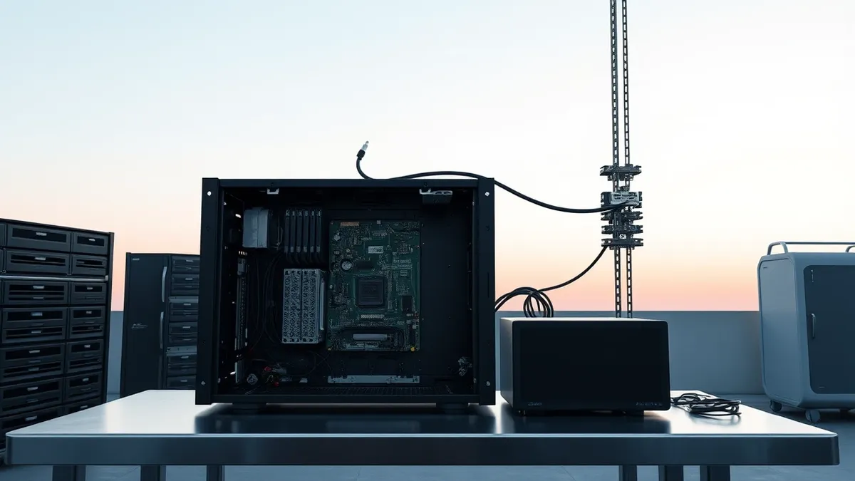 Illustration: A sleek black server chassis sits open on a metal workbench, its internal circuit boards exposed to bright overhead lighting.