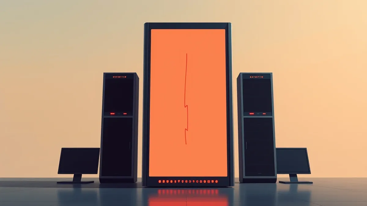 Illustration: A sleek, metallic server tower sits alone in a dimly lit room, its front panel glowing with soft amber lights.