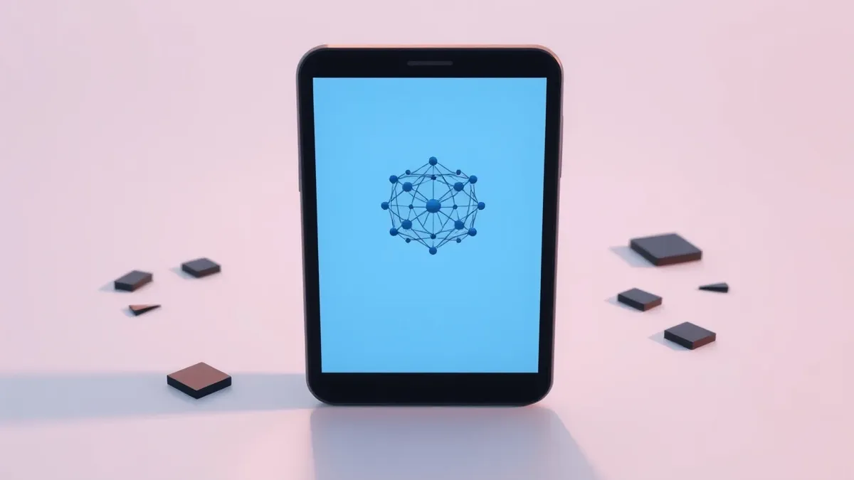 Illustration: A sleek black smartphone rests on a smooth white surface, its screen displaying a single, intricate neural network node glowing softly in blue.