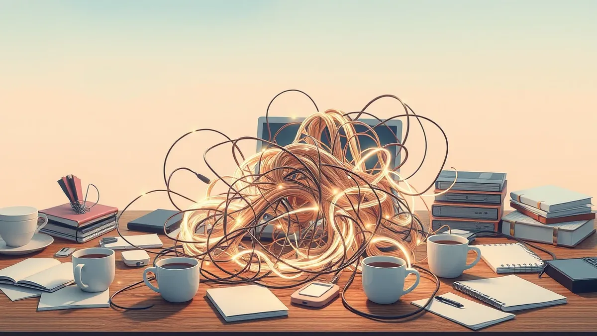 Illustration: A tangled knot of glowing wires spills from an open laptop onto a messy desk, weaving through scattered coffee cups and blank notebooks.