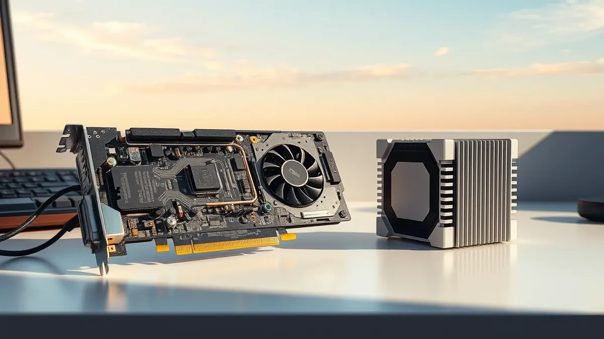 Illustration: A disassembled desktop graphics card rests on a clean workbench, its circuit board exposed to reveal intricate components.