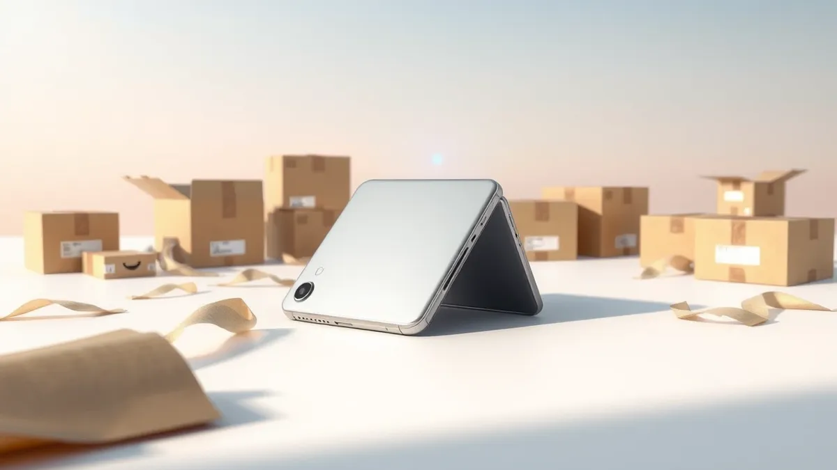 Illustration: A silver foldable smartphone sits closed on a clean white surface, its hinge slightly visible.