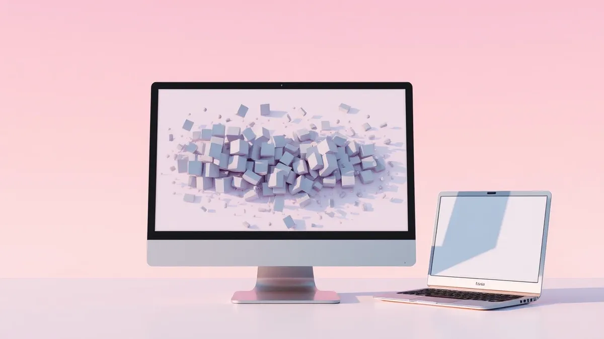 Illustration: A generic desktop computer monitor displays a fragmented digital surface where geometric blocks are violently overflowing their designated container boundaries.