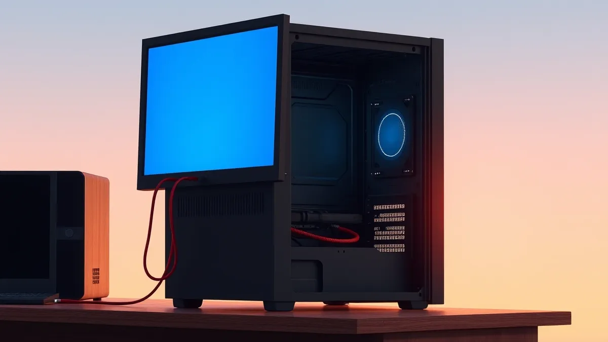 Illustration: A sleek black desktop computer sits on a wooden desk, its monitor displaying a blank blue screen.