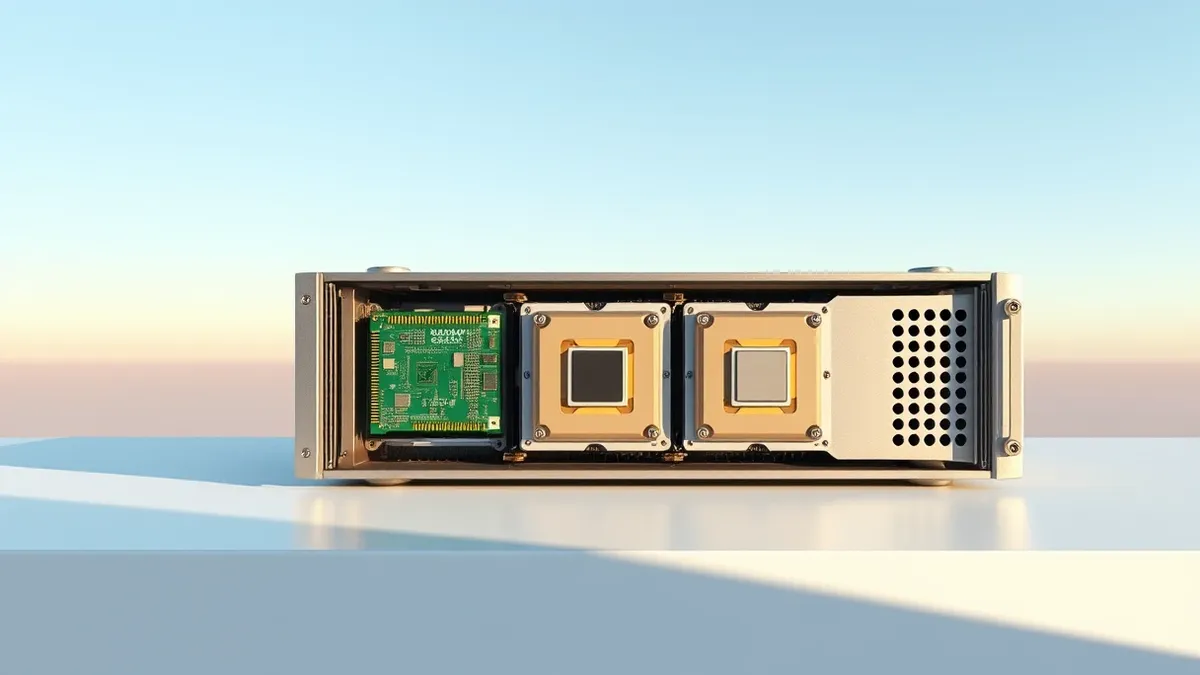 Illustration: A sleek silver server chassis sits open on a clean white table, revealing three distinct processor sockets.