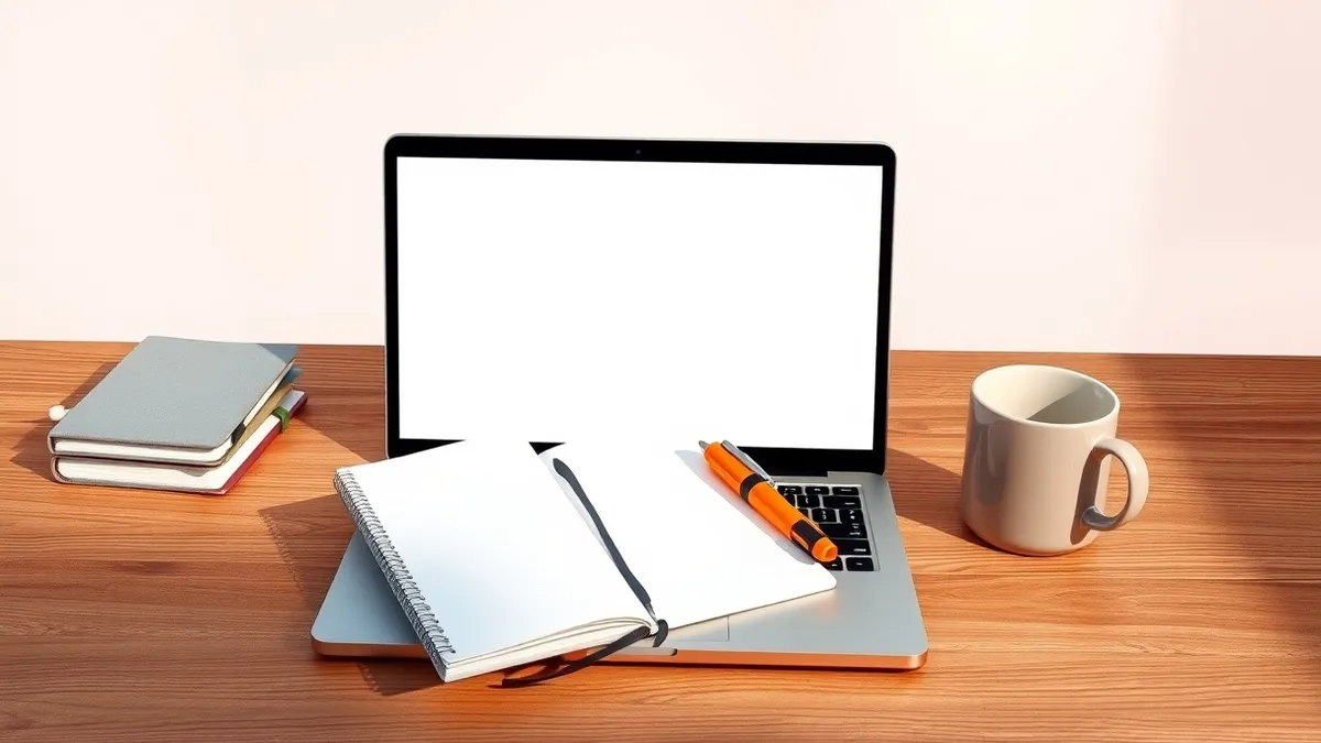 Illustration: A sleek laptop sits open on a wooden desk, its blank screen reflecting soft daylight.