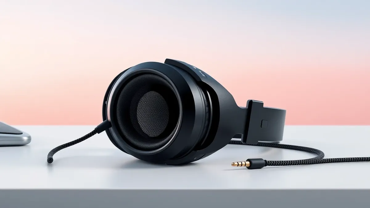 Illustration: A black over-ear gaming headset rests on a clean white desk surface, its open-back earcup revealing the exposed internal speaker driver and sound-dampening mesh.