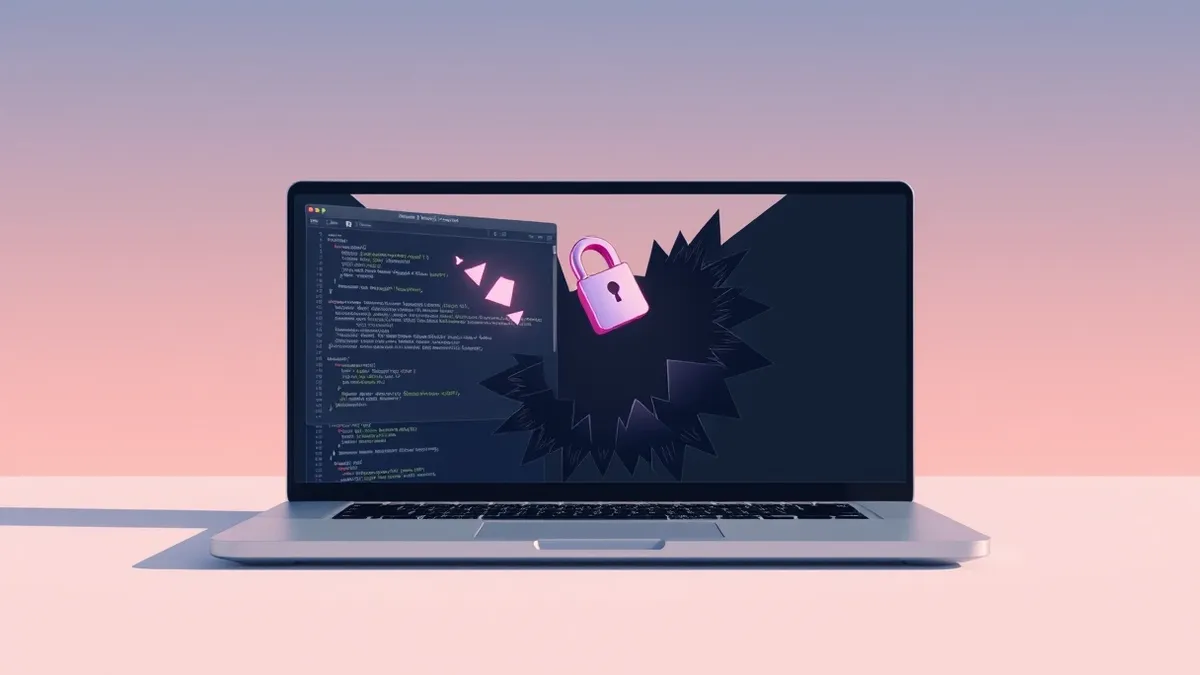 Illustration: An open laptop displays blank code windows with glowing abstract shapes.