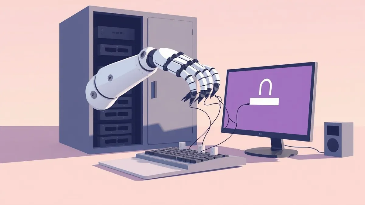 Illustration: A sleek white robot arm extends from a server cabinet, its mechanical fingers hovering uncertainly over a blank computer keyboard.