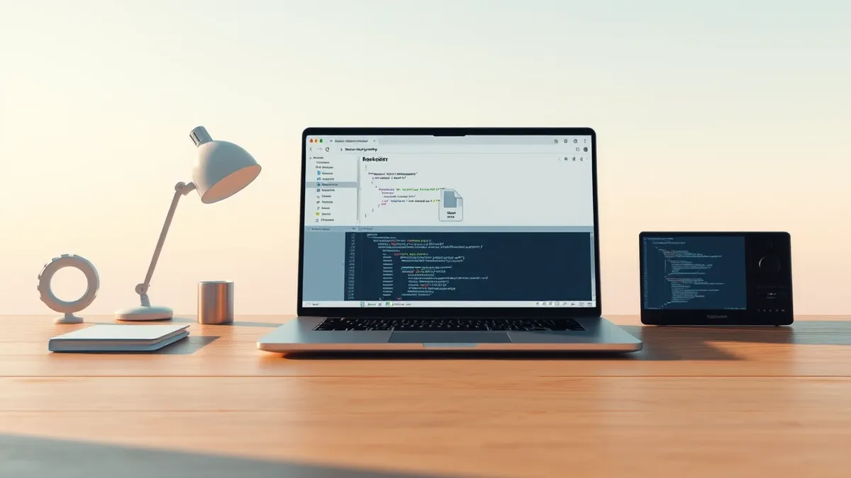 Illustration: A sleek laptop sits on a wooden desk with its screen glowing softly.