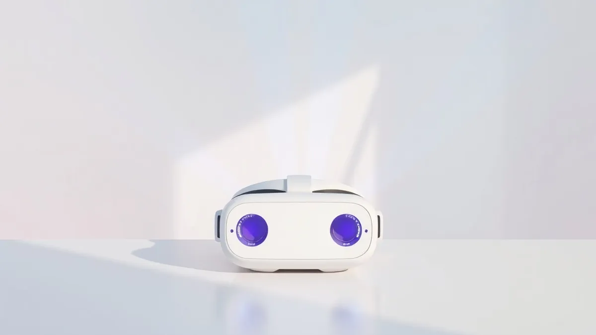 Illustration: A white spatial computing headset rests on a clean desk surface.