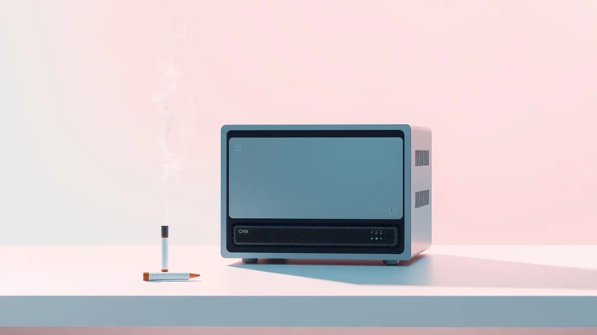 Illustration: A sleek artificial intelligence server sits beside a smoking cigarette on a clean white desk.