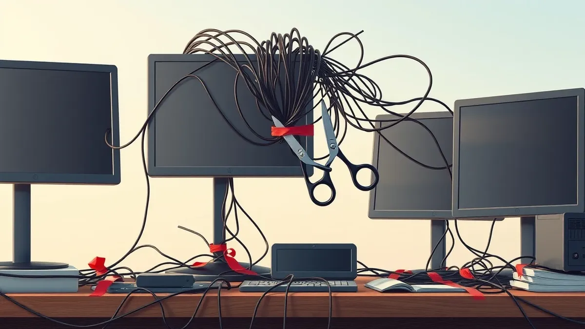 Illustration: A tangled web of thin black cables connects several blank monitors on a cluttered desk.