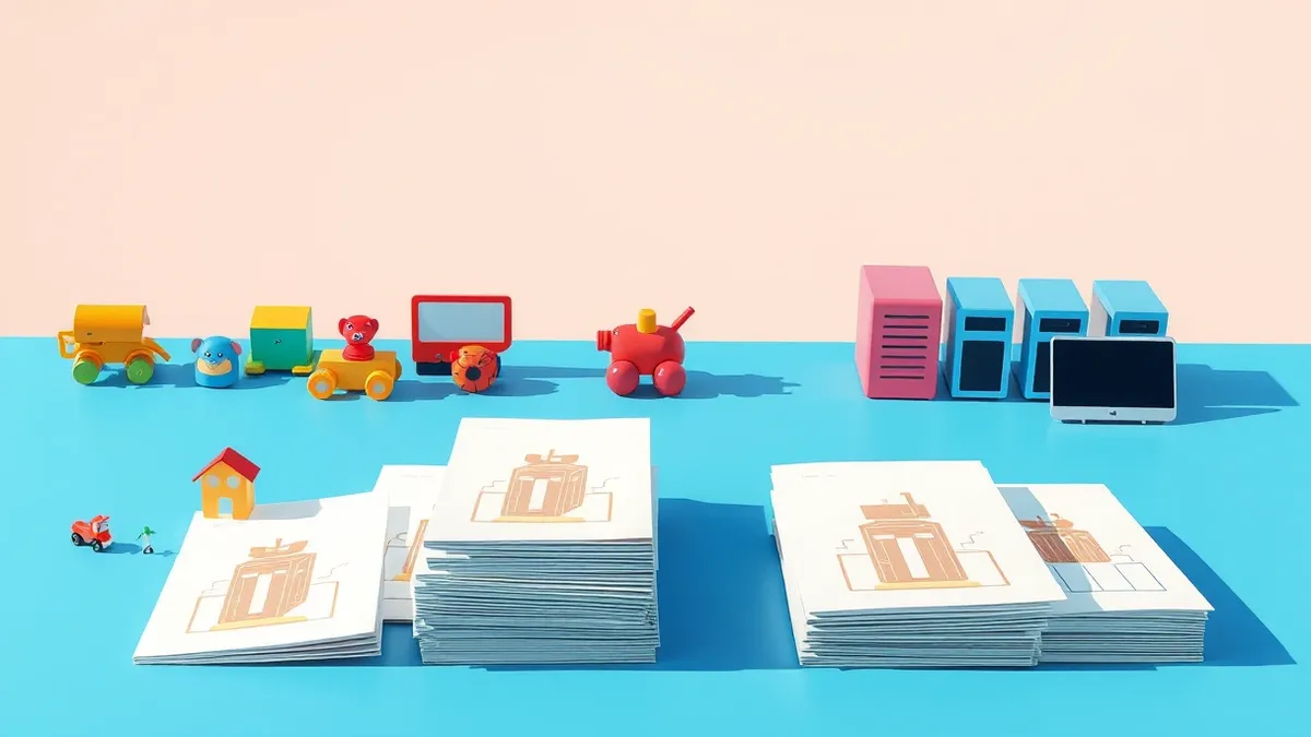 Illustration: Colorful educational toys sit neatly arranged on a bright blue table next to stacks of glossy pamphlets featuring simple geometric illustrations of computer servers.