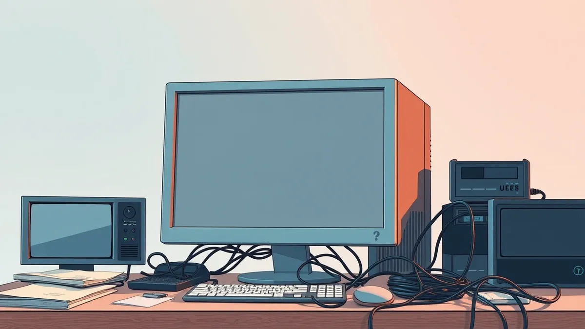 Illustration: A cluttered municipal office desk holds a tower computer with a tangle of cables and a single sticky note stuck to the monitor frame.