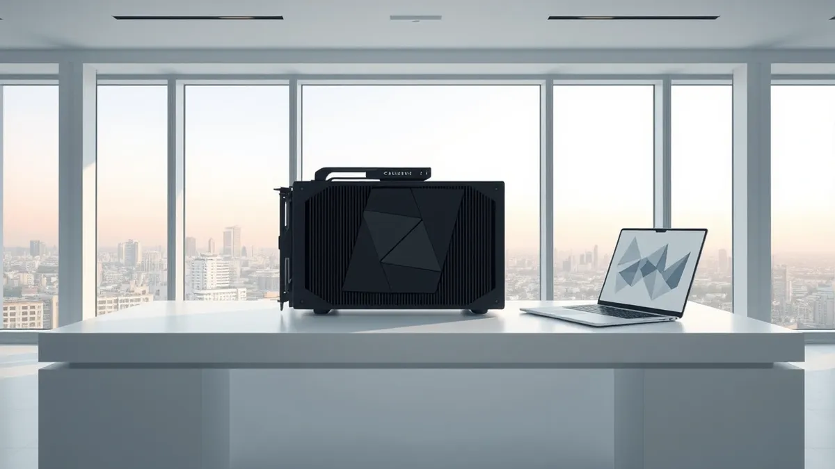 Illustration: A sleek white office in Tel Aviv features a large window overlooking city skyline.