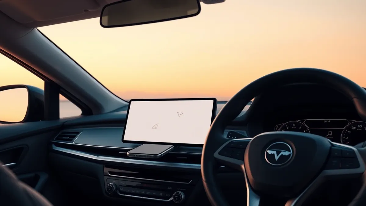 Illustration: A sleek smartphone rests on a car dashboard next to a blank infotainment screen displaying simple geometric shapes.