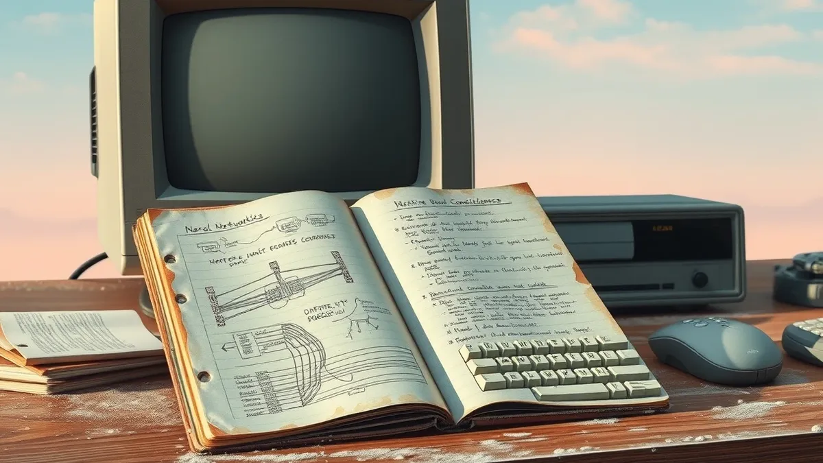 Illustration: A dusty, yellowed notebook lies open on a cluttered wooden desk next to a vintage desktop computer monitor.