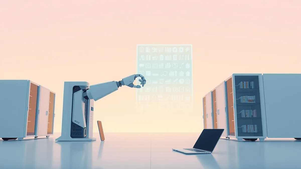 Illustration: A sleek white robotic arm extends from a server chassis, gently touching a floating translucent grid that represents thousands of digital storefronts.
