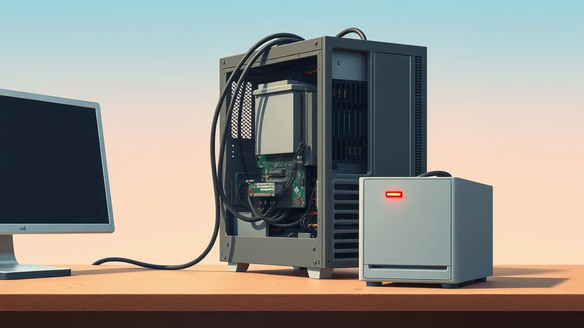 Illustration: A dusty office desk holds a standard desktop computer tower with its side panel removed, revealing exposed circuit boards.