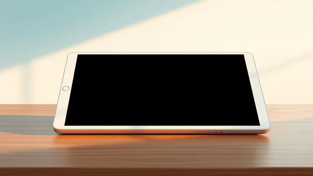 Illustration: A glossy white rectangular tablet rests on a polished wooden kitchen counter.