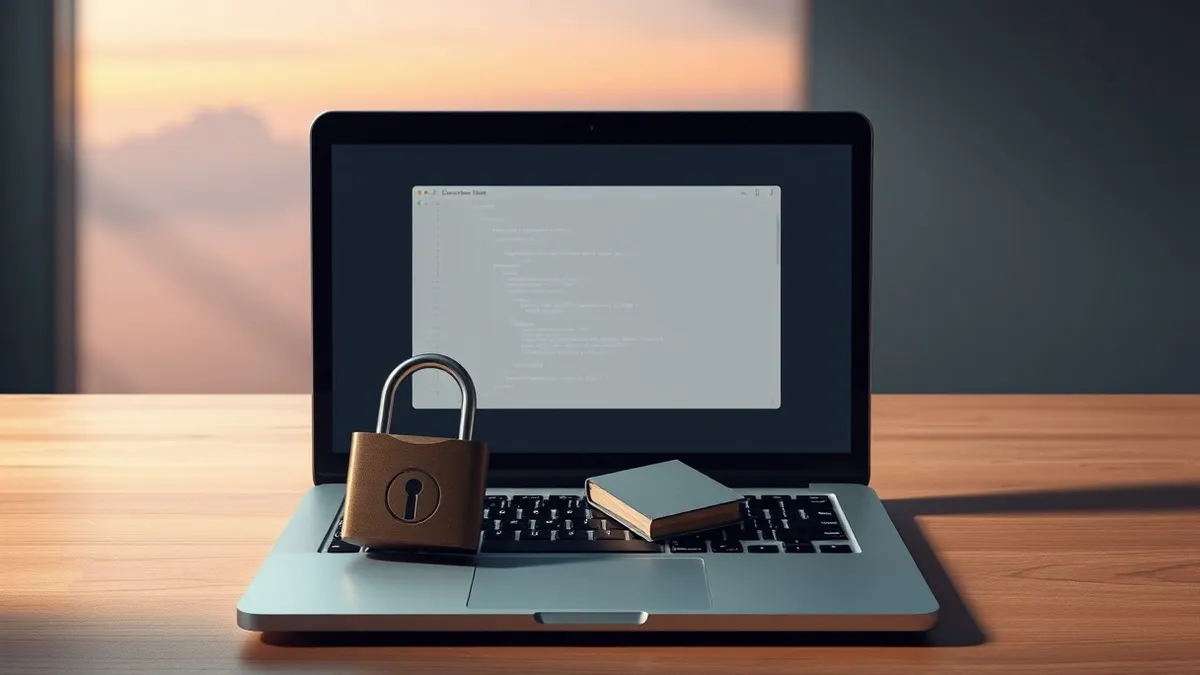 Illustration: An open laptop sits on a wooden desk, its screen displaying a blank code editor window.