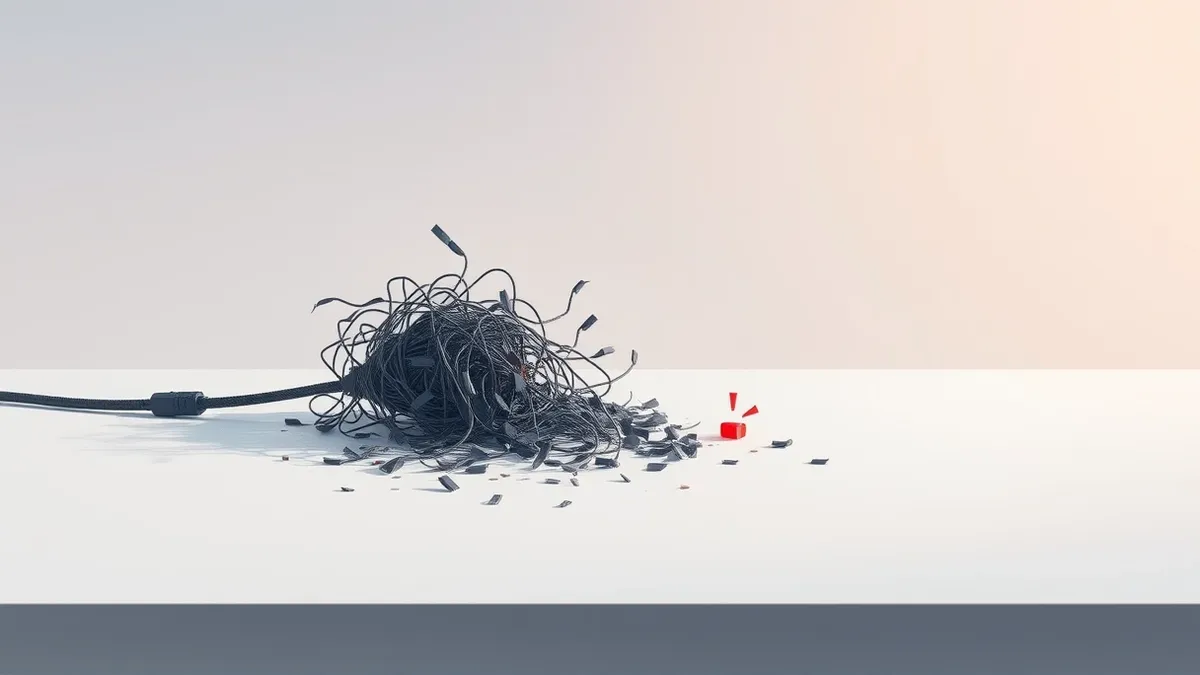 Illustration: A tangled, frayed wire spills chaotic, jagged shards from a neat cable port.