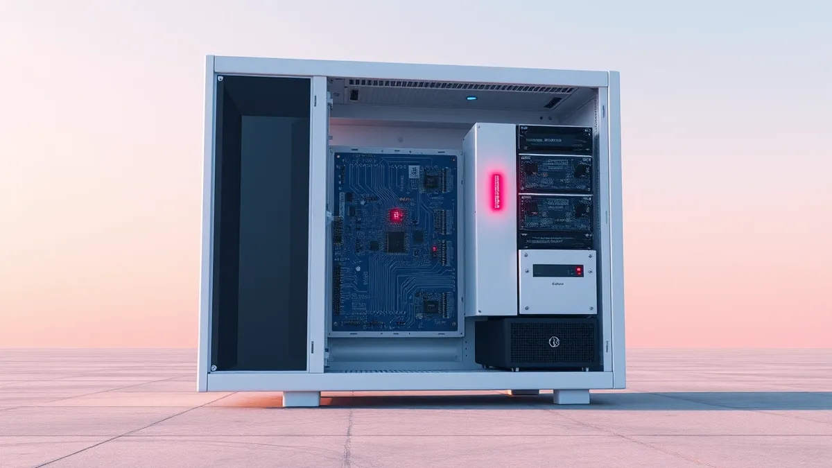 Illustration: A sleek white server tower sits on a clean concrete floor.